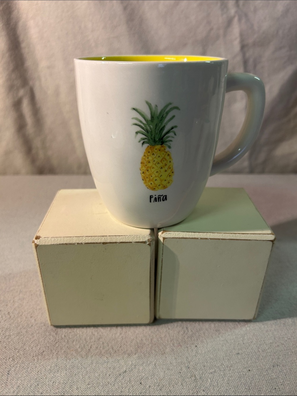 Rae Dunn White Ceramic Pineapple Mug with Yellow Interior